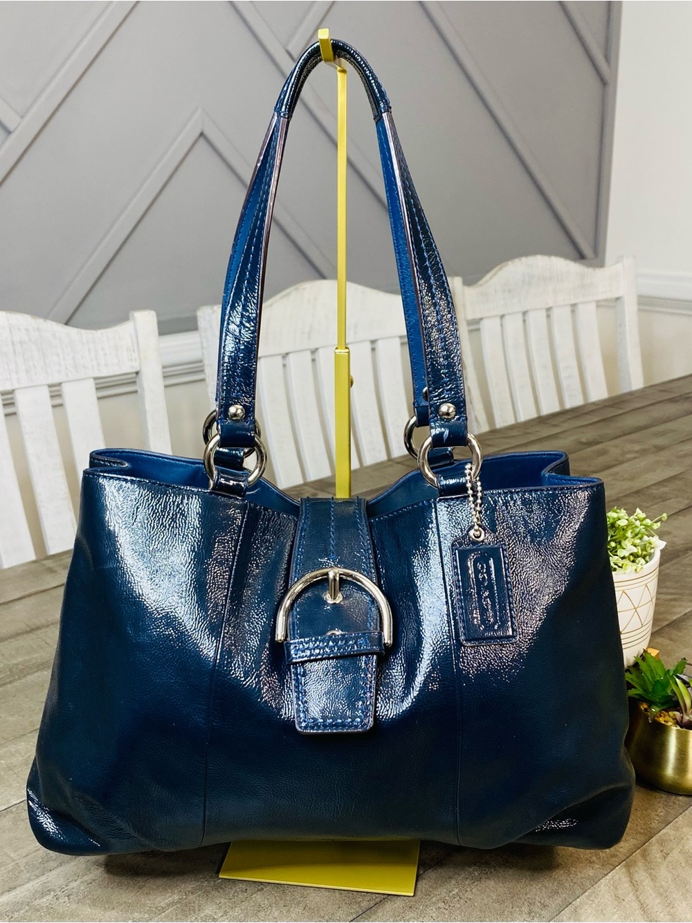 Coach Vintage Soho Blue Patent Leather Buckle Flap Shoulder Tote Bag